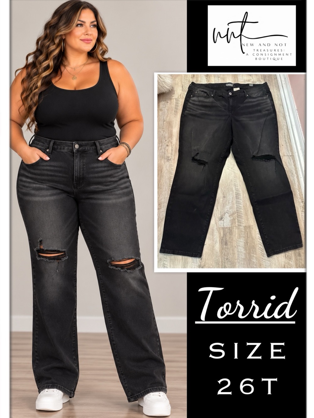 Torrid 26T Black Distressed Straight Leg Jeans High Rise Plus Size Tall